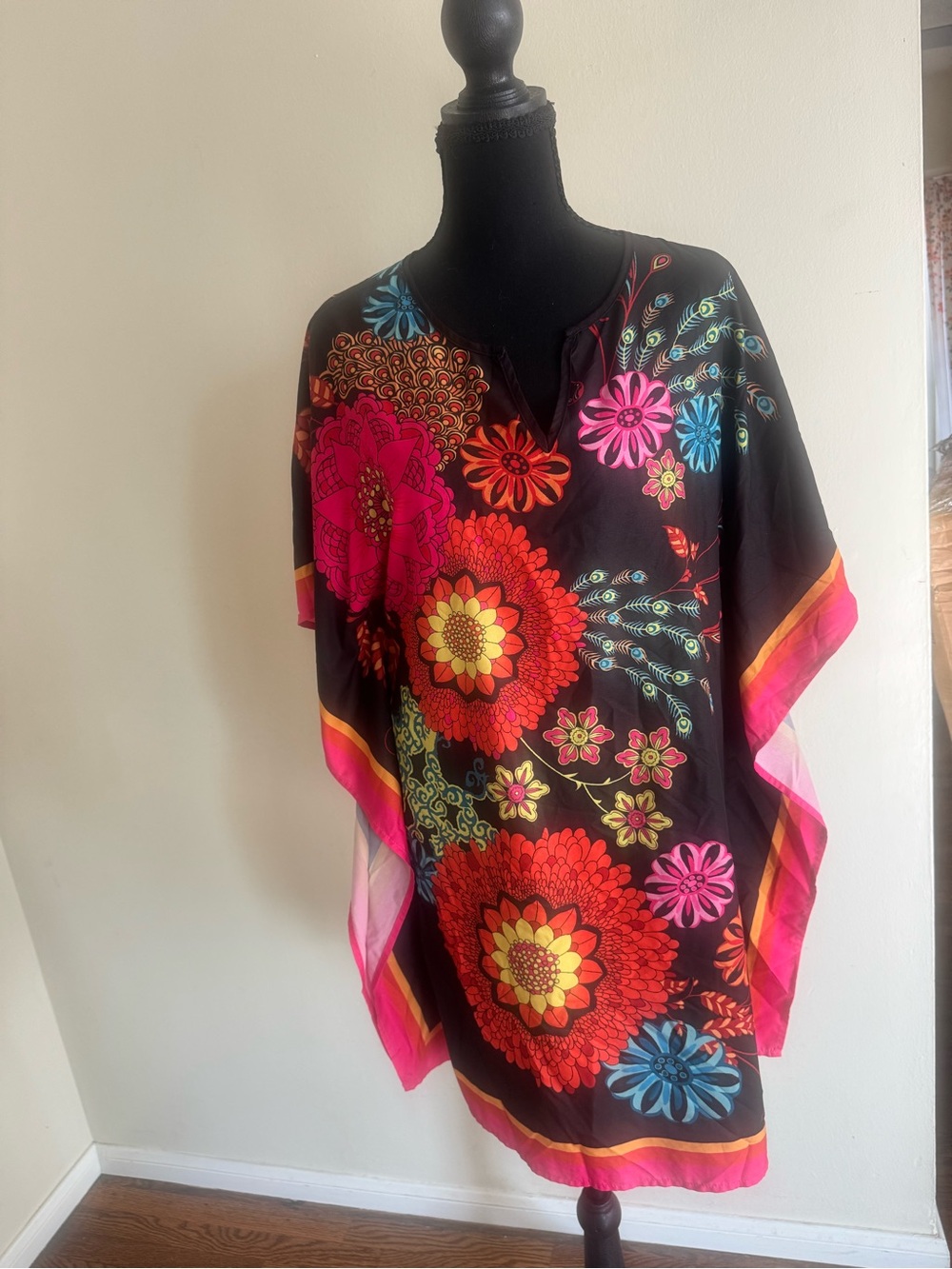 Black Floral V-Neck Swim Coverup Kaftan with Bright Bloom Print